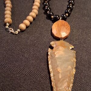 Gold and Black Beaded Necklace with Arrowhead Pendant